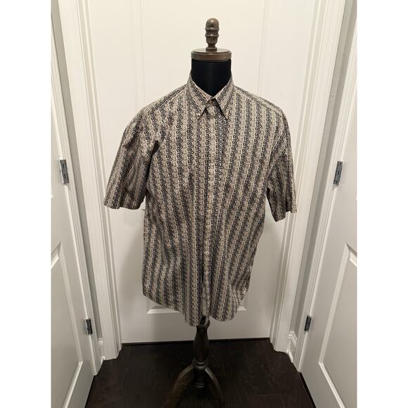 Tribute Men’s L Short Sleeve Shirt 100% Cotton Brown Navy Geometric Retro - Picture 1 of 9